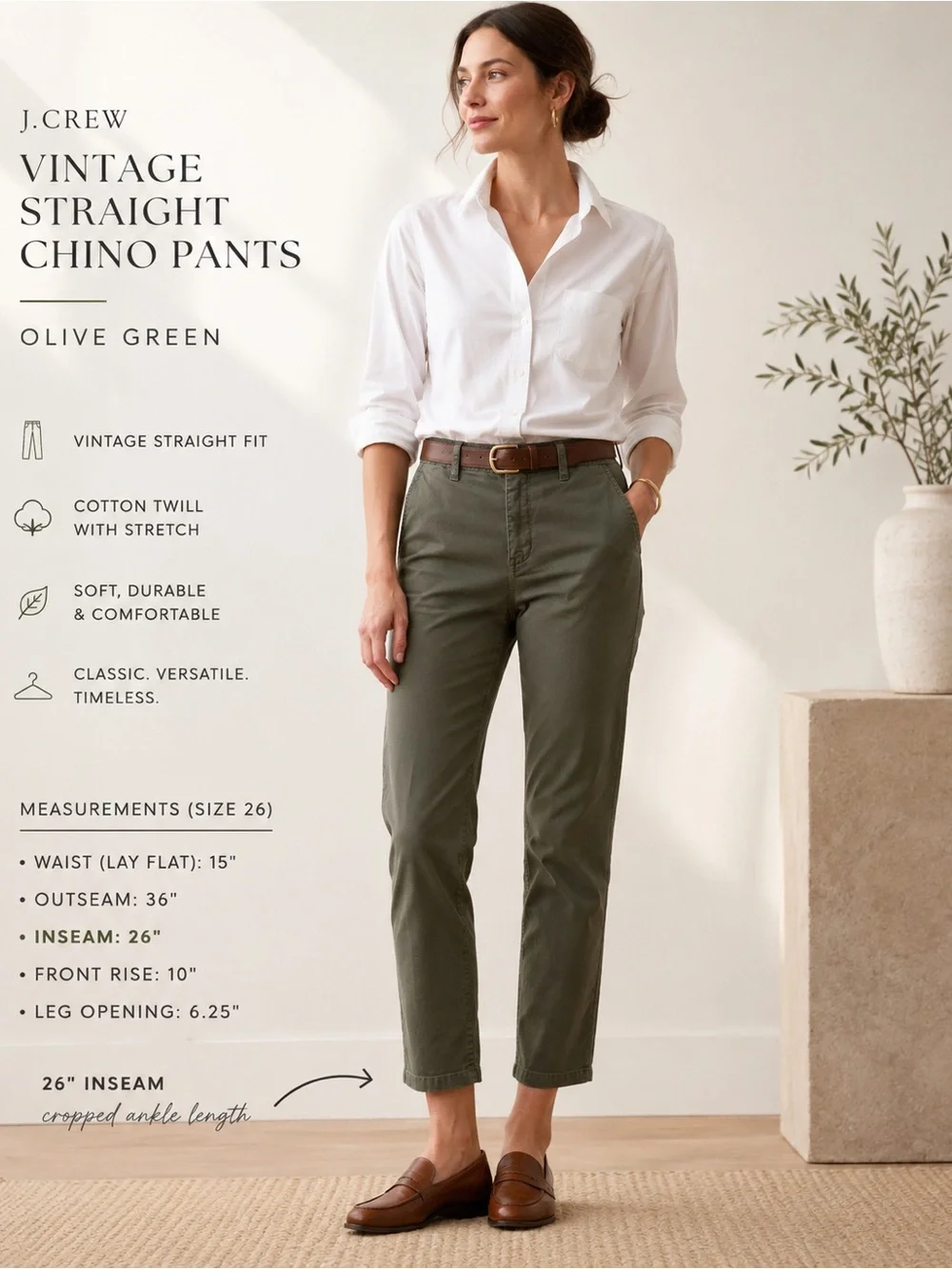 Crew Vintage Straight Chino Pants 26 Olive Green Cropped Ankle Stretch